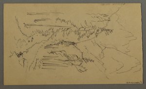 Disegno, Cime di montagna, due figure in una barca a remi, agosto 1868