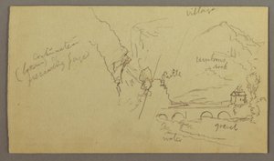 Disegno, valle montana, ponte, edifici, forse 1868-69 da Frederic Edwin Church