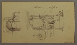 Disegno, valle montana, ponte, edifici, forse 1868-69