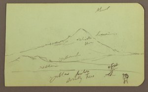 Disegno, montagna, albero, figura; verso: chiesa, albero, 1883