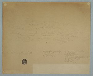 Disegno, Pioggia che cade da un cielo nuvoloso su crinali montuosi, Hacienda Chillo, Ecuador, 27 luglio 1857 da Frederic Edwin Church