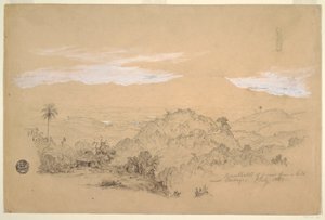 Disegno, Ricordi di una veduta da una collina vicino a Cartago, Colombia, con una donna che porta un vaso d