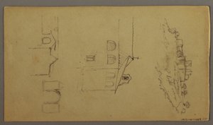 Disegno, recto: Vuoto; verso: Fortree sulla cima della collina, due c, porta d