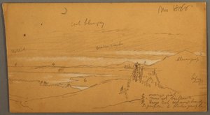 Disegno, Fiume attraverso una valle montana con cielo e luna crescente, novembre 1866 da Frederic Edwin Church