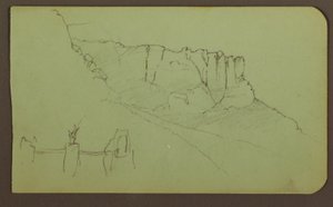 Disegno, parete rocciosa, pilastro; verso: paesaggio montano, figure, 1883