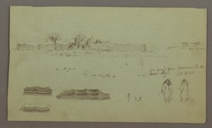 Disegno, Rovine circondate da mura, tende, due studi di figure, 28 aprile 1868 da Frederic Edwin Church