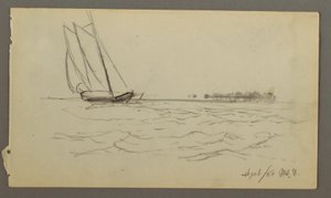 Disegno, barca a vela che cavalca le onde, 1860