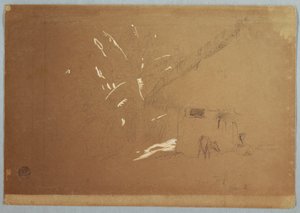 Disegno, Donna seduta e asino al pascolo davanti a una casa vicino a Jorje, Ecuador, 23 giugno 1857 da Frederic Edwin Church