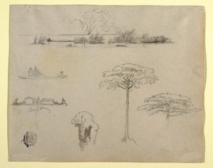Disegno, Schizzi dalla Colombia: Paesaggio fluviale, uomini su zattere e alberi, 1853 da Frederic Edwin Church