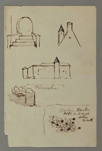 Disegno, scale, tetto con torre, muro di pietra, forse 1869 da Frederic Edwin Church