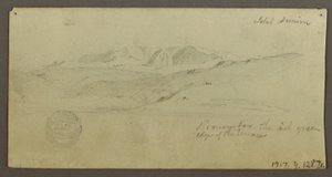 Disegno, casa signorile, figura a cavallo di un cammello, studi architettonici, palma, forse 1868