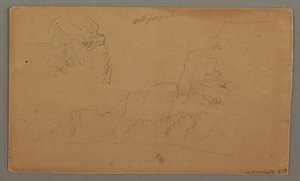 Disegno, Casa in legno, due barche a vela, studio del tetto, forse 1868