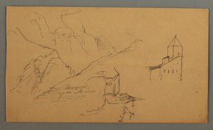 Disegno, Due chiese, valle, cascata, 1868 da Frederic Edwin Church