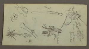 Disegno, due figure a cavallo, con lance, spada, parte inferiore di un cannone, ecc., forse 1868 da Frederic Edwin Church