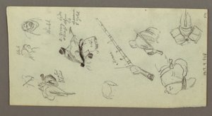 Disegno, due figure a cavallo, con lance, spada, parte inferiore di un cannone, ecc., forse 1868