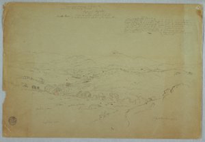 Disegno, Veduta nei pressi di Popayan con il vulcano Monte Purese, fiume Cauca, Colombia, 8 agosto 1853 da Frederic Edwin Church