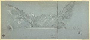 Disegno, Veduta del lago Konigssee con il Falkenstein, vicino a Berchtesgaden, Baviera, Germania, parte 2, 11 luglio 1868 da Frederic Edwin Church
