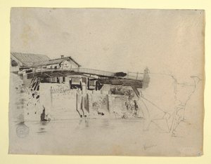 Disegno, veduta del ponte e delle case di Honda, Colombia, 1853 da Frederic Edwin Church
