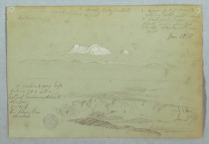 Disegno, vedute del vulcano Artisana da o vicino a Quito, e un cielo nuvoloso su una cresta montuosa, Ecuador, 23 giugno 1857