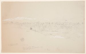 Disegno, villaggio di Kuseiyeh, Monte Libano in lontananza, maggio 1868