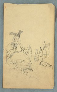 Disegno, Donna che beve, bottiglie di vino, recto; Lista della spesa per la scalata al Monte Katahdin, verso, Autunno 1878 da Frederic Edwin Church