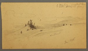 Disegno, collina boscosa, valle collinare, sole, gennaio 1866
