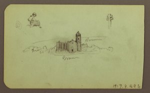 Disegno, colline, chiesa, ponte; verso: figura, croce, chiesa, 1883 da Frederic Edwin Church