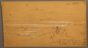 Fiume attraverso valle montana con cielo e luna crescente da Frederic Edwin Church