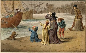 Canzone popolare: "A Nantes è arrivato". Bambini piangono il loro mare, portato via da un marinaio. Illustrazione (dettaglio) di Frederic Theodore Lix (1830-1897) in "Chansons et rondes enfantines des provinces de la France"