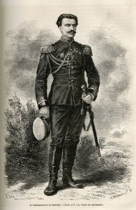 Ritratto del viaggiatore e narratore Tenente Colonnello di Prjewalski, disegno di F. Lix per illustrare il viaggio in Mongolia e nella terra dei Tanguti dal 1870 al 1873, del Tenente Colonnello di Prjewalski. Incisione in Le tour du monde. da Frederic Theodore Lix