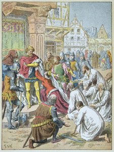 Assedio di Calais da parte di Edoardo III nel 1346 - 1347. La regina Filippa di Hainaut supplicò il suo sposo di concedere la grazia ai borghesi di Calais da Frederic Theodore Lix