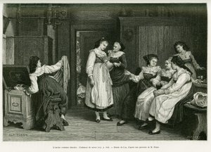 Il vecchio costume alsaziano. Incisione di Lix, dopo un dipinto Present de Noces di Pabst, per illustrare la storia Attraverso l