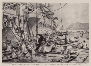 Una nave da guerra britannica nelle acque samoane, mercanti nativi che commerciano frutta e verdura