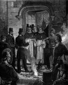 Espulsione dei Domenicani da Rue de Jean de Beauvais a Parigi a seguito dei decreti del marzo 1880 presi da Jules Ferry e che rimuovono il diritto di insegnare ai membri delle congregazioni religiose non autorizzate: lettura dell