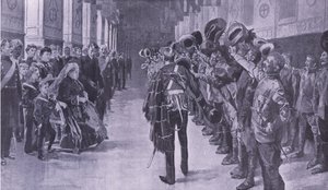 La regina Vittoria ispeziona i coloni invalidi nella St Georges Hall, Windsor, illustrazione da After Pretoria: The Guerilla War, 1902 da Frederic de Haenen