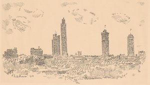 Skyline di New York, edifici scuri, 1918 da Frederick Childe Hassam
