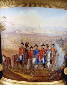 (dettaglio) di Wellington e i suoi ufficiali da un vaso campana snello con fondo dorato di Berlino del tipo servizio Wellington, dipinto con una scena della battaglia di Vittoria, 1817 da Frederick Christian Lewis