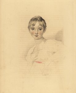 Ritratto di Lucy Meredith, nipote di Sir Thomas Lawrence. Giovane ragazza pre-adolescente in abito bianco con cintura a nastro rosa. Incisione colorata a mano di Frederick Christian Lewis dopo un