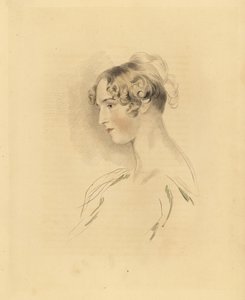 Ritratto di Mary Isabella Bloxam da giovane, nipote di Sir Thomas Lawrence. Con i capelli raccolti e ricci, in un vestito scollato. Incisione di Frederick Christian Lewis dopo un