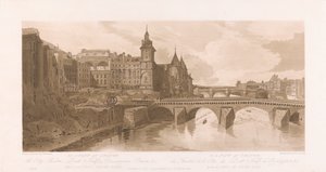 Veduta di Pont au Change, Theatre de la Cite, Pont Neuf e la prigione della Conciergerie