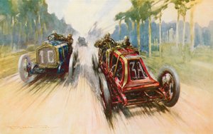 La Renault rossa di Szisz, molto aiutata dal fatto che aveva cerchioni staccabili per la prima volta, è la vincitrice del primo Gran Premio