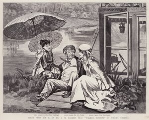 Attori inglesi Irene Vanbrugh, John Lawrence Toole e Mary Ansell in una produzione della commedia di J M Barrie Walker, Londra, al Toole