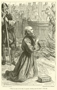 Quando arrivò al rogo, pregò inginocchiandosi