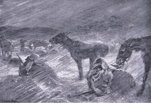 Una tempesta di grandine sudafricana, da Dopo Pretoria: La guerra di guerriglia pubblicata da Harmsworth Bros Limited, 1901 da Frederick Judd Waugh