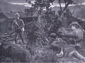 Guerra degenerata: Boeri che sparano a una sentinella, da Dopo Pretoria: La guerra di guerriglia pubblicata da Harmsworth Bros Limited, 1901 da Frederick Judd Waugh