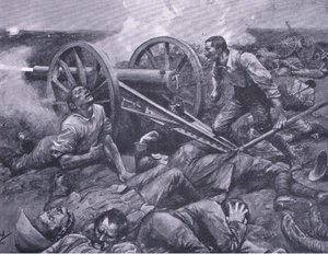 La difesa di Dewetsdorp: lavorare un cannone da 15 libbre da solo, illustrazione da After Pretoria: The Guerilla War, 1902