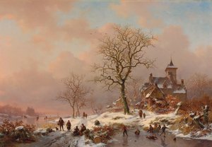 Paesaggio invernale con figure che giocano sul ghiaccio, 1868