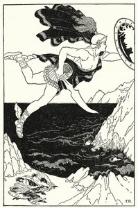 Perseo volava cautamente verso il basso, tenendo sempre gli occhi sul volto di Medusa, riflesso nel suo scudo (litografia) da Frederick Richardson