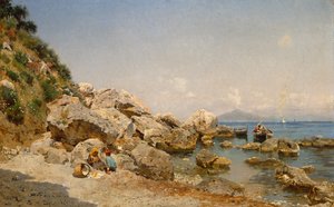 Sulla spiaggia, Capri con il Vesuvio sullo sfondo da Frederico del Campo