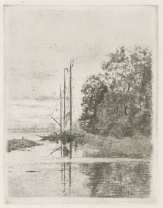 Veduta fluviale con due navi e una barca da Fredericus Jacobus van Rossum du Chattel (signed by artist)